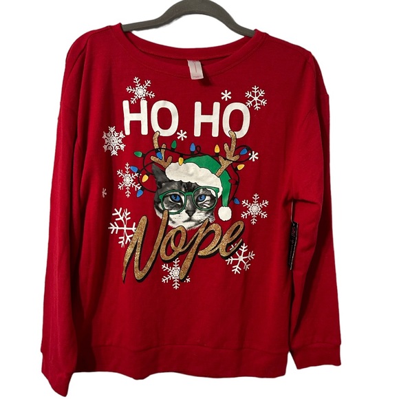Juniors Red Ho Ho Nope Cat Kitten Ugly Glitter Christmas Holiday Sweater M NWT - Picture 1 of 5